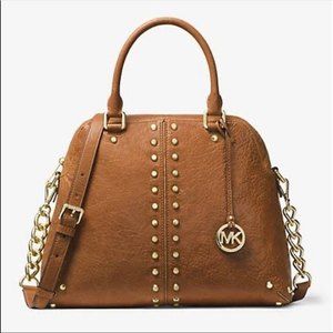 Michael Kors Astor Studded Leather Large Satchel Bag Brown